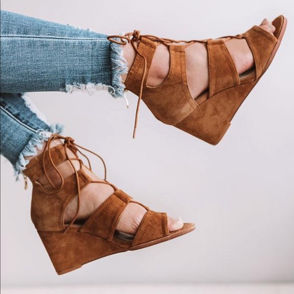 Cognac Kid Suede Lace Up Gladiator Wedge Sandal - Picture 2 of 8
